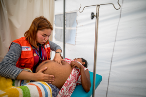 A midwife checking on a pregnant patient
