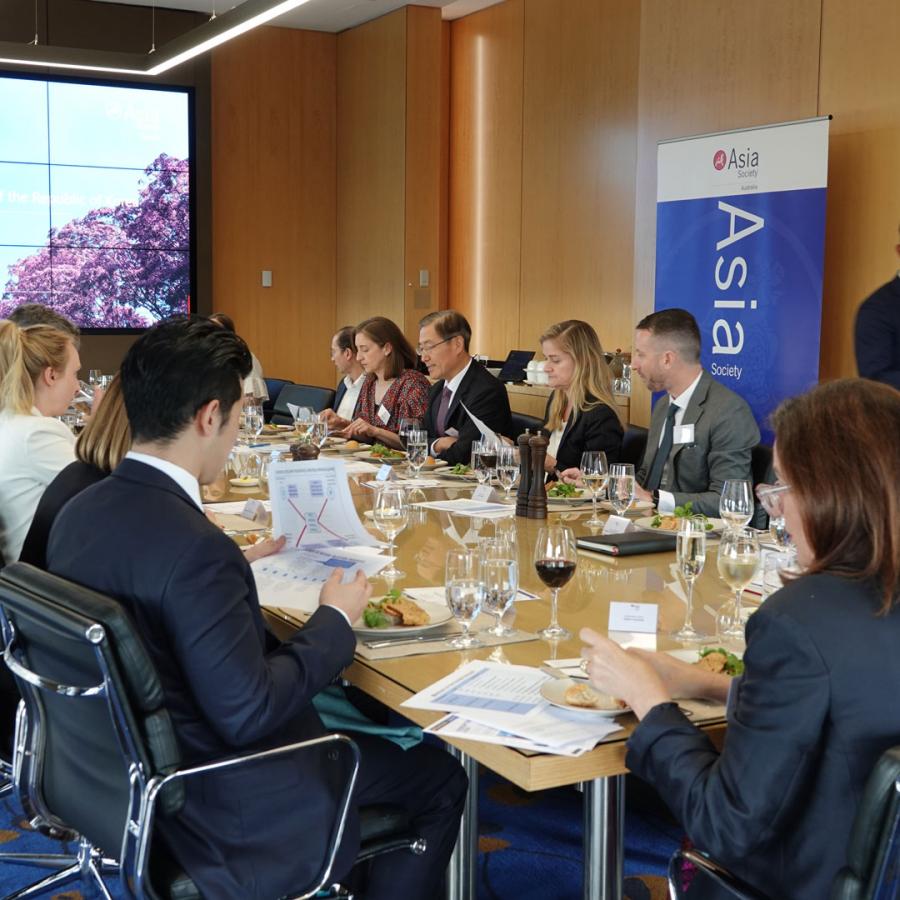 A photo of a meeting between the Ambassador of the Republic of Korea to Australia and Asia Society Australia members and stakeholders in Melbourne. 