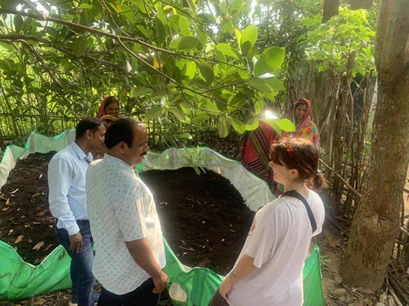 Group of people standing around two rectangular soil plots bordered by green and white plastic sheets, in an outdoor setting shaded by trees.