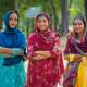 Three Bangladesh girls standing side by side dressed in colorful sarees