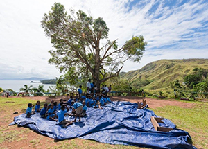 Group of children and teachers sitting under tree, overlooking ocean