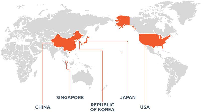 A map of Australia's top 5 Two-Way Trading Partners in 2015. The map highlights China, Singapore, Republic of Korea, Japan and USA.