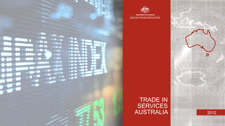 Front cover of Trade in Services 2012 publication with generic trade stats board behind it
