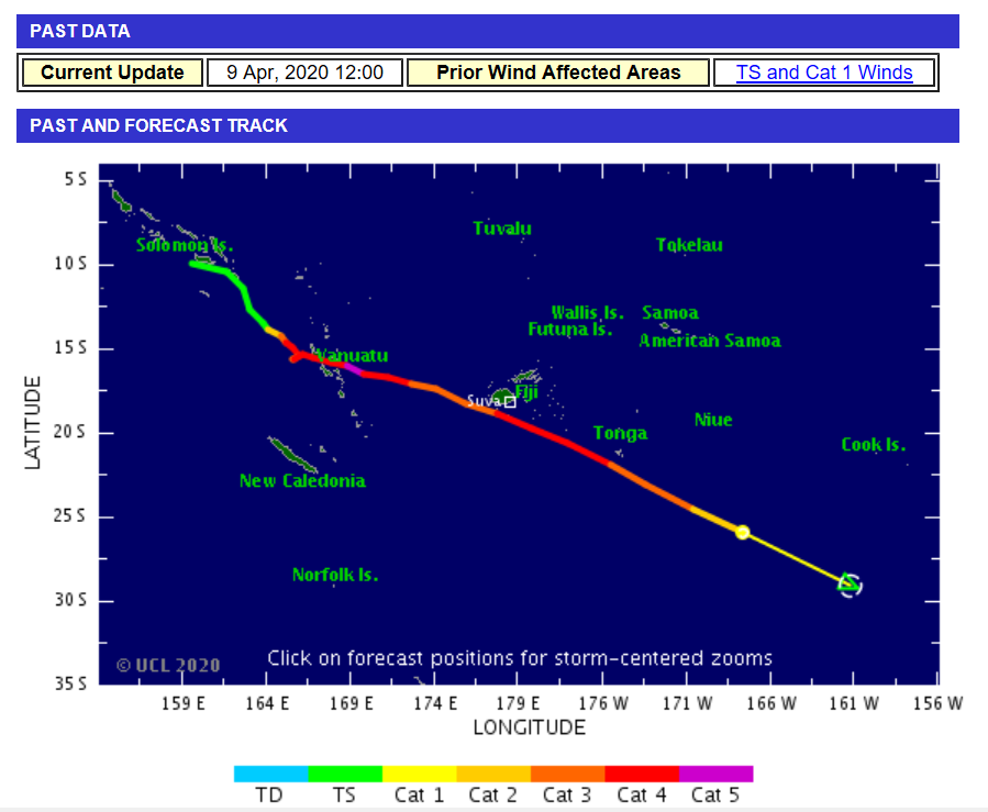 A map of the Pacific region that demonstrates the increasing and then decreasing severity of Tropical Cyclone Harold as it moves from Tonga, to Vanuatu, Fiji and then Tonga.