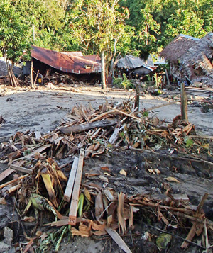 Village houses destroyed, with debri spread around clearing