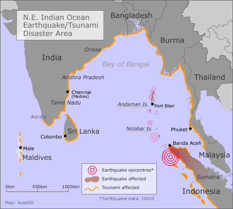 N.E. Indian Ocean Tsunami/Earthquake Disaster Area map