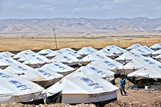 multiple UNHCR tents in desert setteing