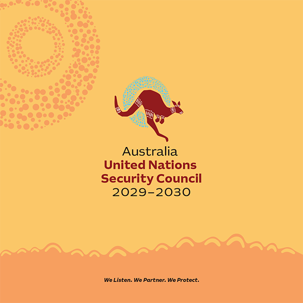 Cover of Australia United Nations Security Council 2029–2030 with indigenous artwork of a kangaroo and a sun made of pink dots.