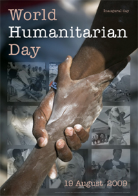 Front cover of the World Humanitarian Day with a hand shake picture