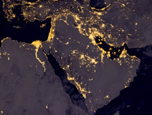 Satelight image of Middle East, West Asia, Eastern Europe lights during night .