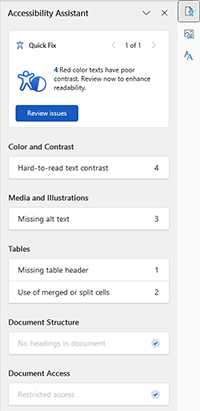 Screen grab of the Microsoft Word Accessibility Assistant panel