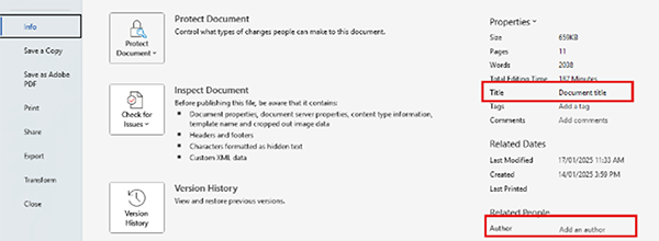 Screen image from Microsoft Word showing location to update Document Title and Author metadata
