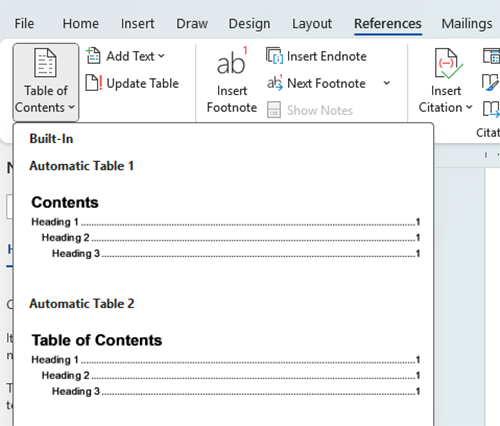 Screen image of Microsoft Word's Table of Contents menu in the 'Reference' toolbar.