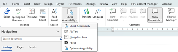 Screen image of Microsoft Word showing the Check Accessibility button in the 'Review' toolbar.