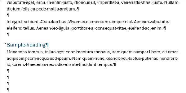 Screen image from Microsoft Word showing consecutive paragraph marks between paragraphs.