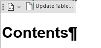 Screen image from Microsoft Word of the Update Table button that appears when a Table of Contents is selected.