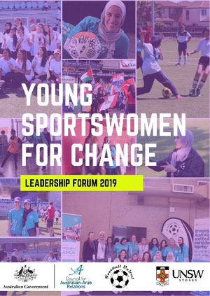 Photo collage of women playing sports with the text 'Young Sportswomen for change, Leadership Forum 2019.